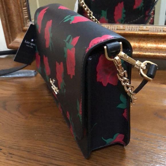 New Kate Spade black and red roses removable crossbody or chain handle purse. - Picture 11 of 16